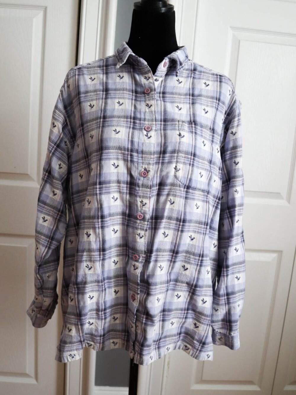 Vtg Northern Reflections Plaid Embroidered Bird Cotton Button Down Shirt Sz XL
